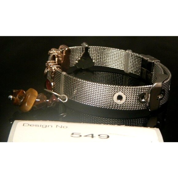 Tiger Eye Gemstone- Stainless Steel Mesh Keeper Bracelet-Band-Slide Charms-549 - Picture 2 of 7